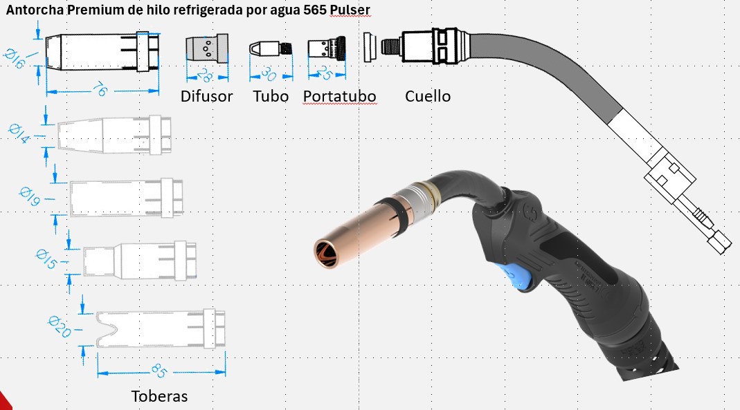 Tubos de contacto antorcha Premium MIG/MAG de hilo 565 Pulser agua - Imagen 2